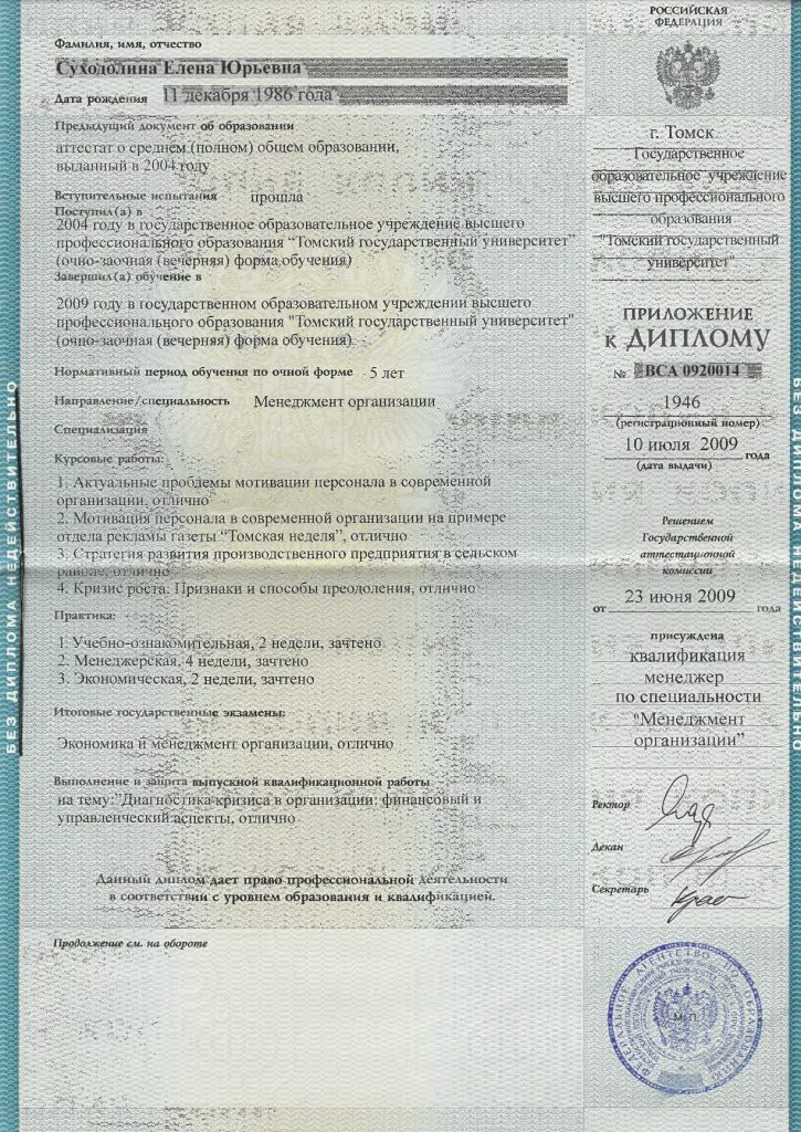 Приложение к диплому Елены Поцелуевой